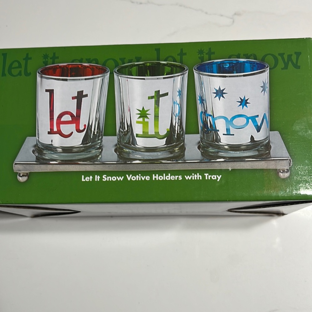 Silver Votive Set- Let it Snow! New in box.